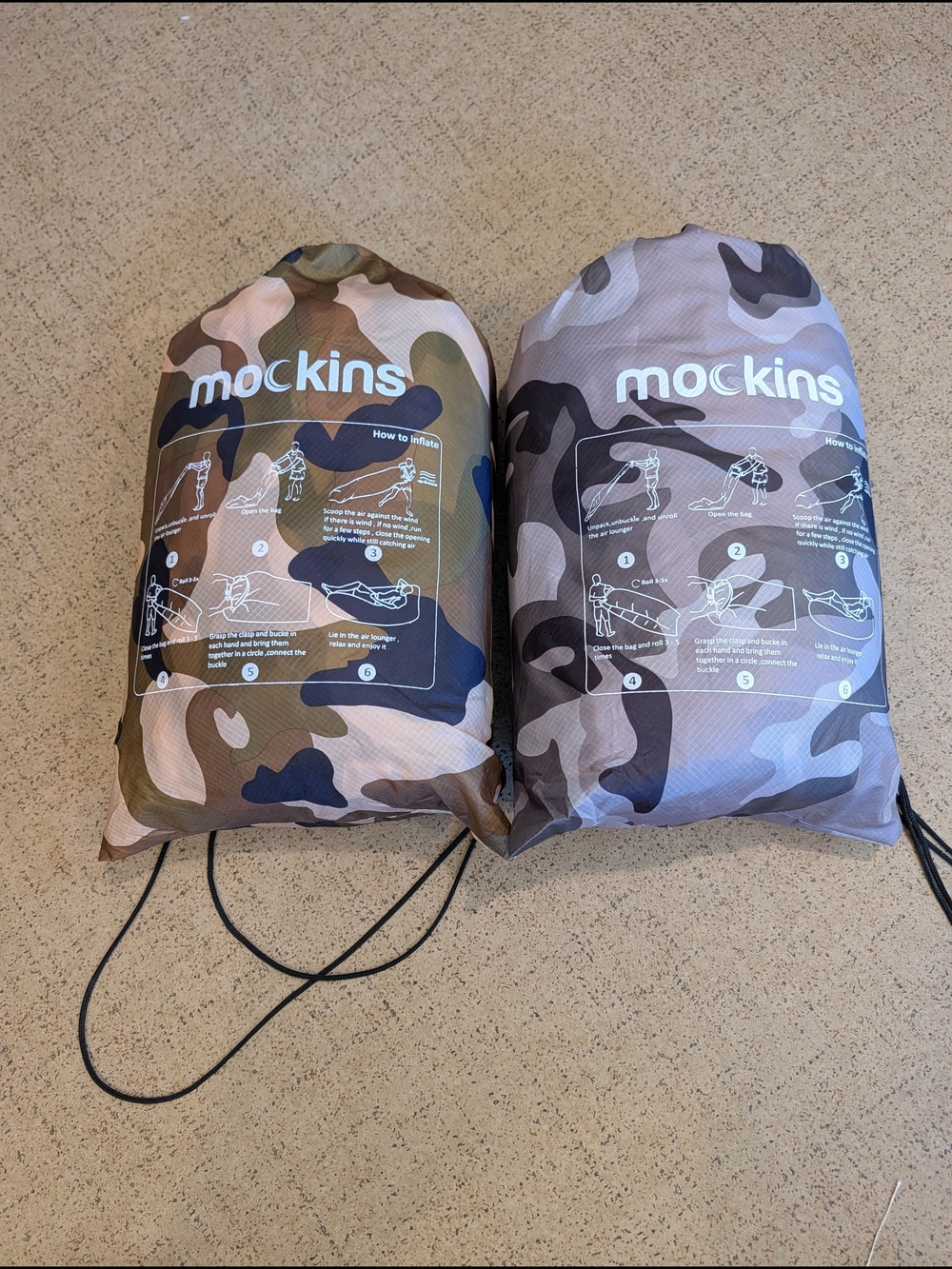 NWOT-two Mockins Camo Air Lounger Chairs With Drawstring Bag - Brown & Gray
